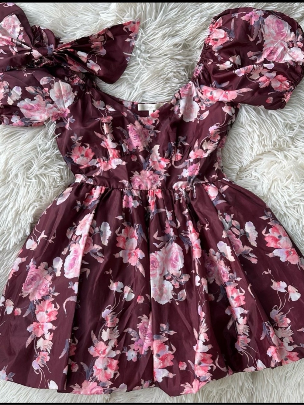 LoveShackFancy Burgundy Dress with Pink Floral Print